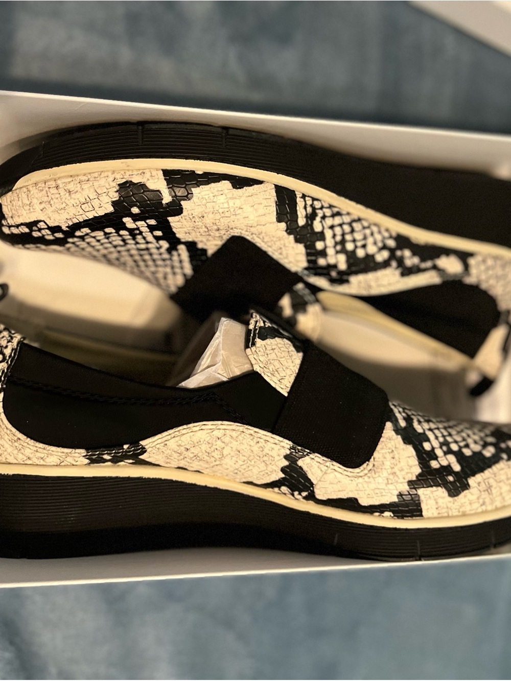 BareTraps Black & White Snake-Print Slip-On Mules with Elastic Vamp